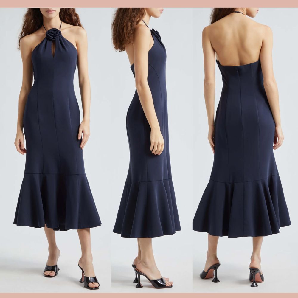 NEW $565 Cinq A Sept [ 4‎ ] Jennie Rosette Detail Crepe Midi Dress Navy Q1031